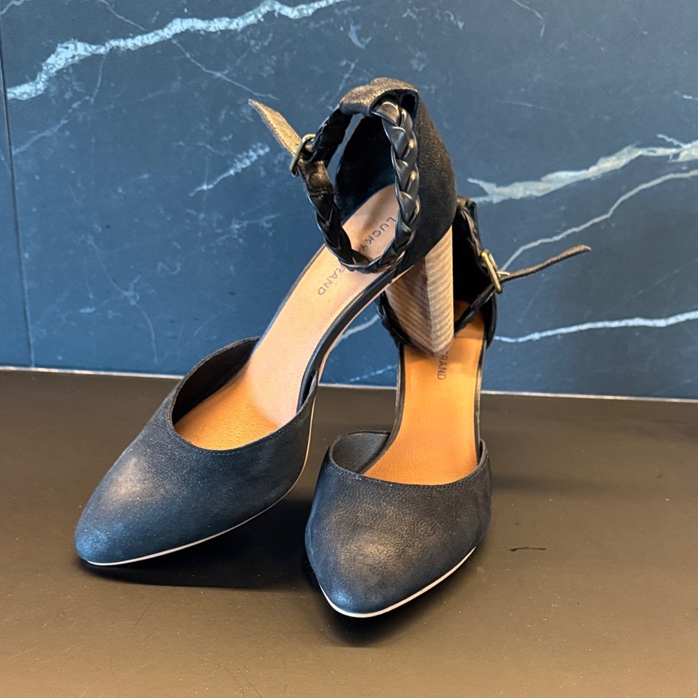 Lucky Brand Black Braided-Ankle Block Heel Pumps
